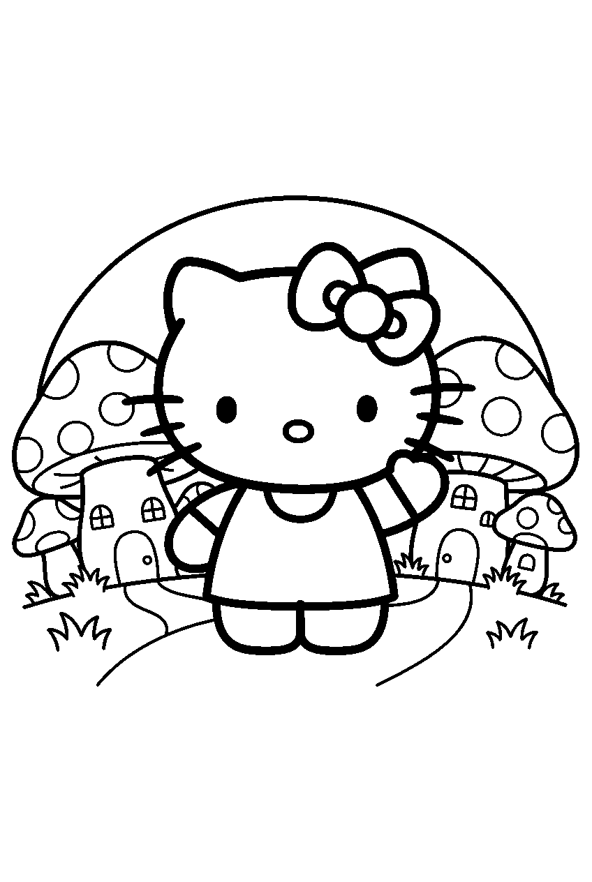 hello kitty in mushroom village line art