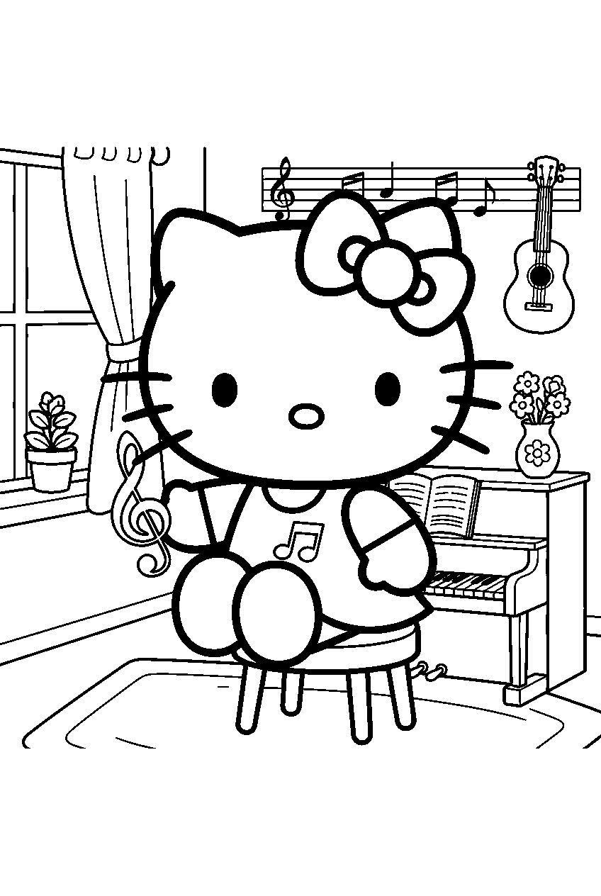 hello kitty in music room line art