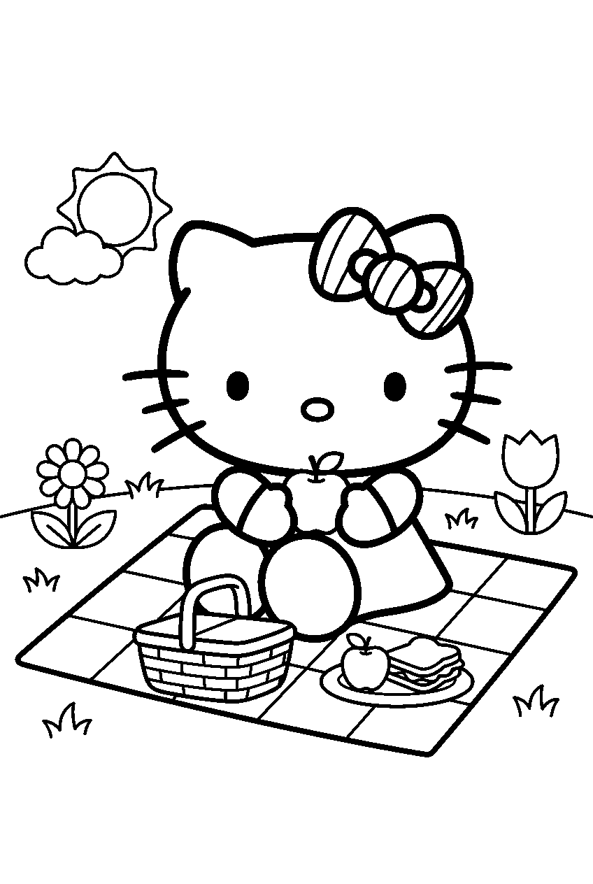 hello kitty in picnic area line art