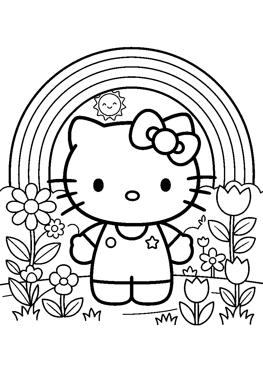 hello kitty in rainbow garden line art