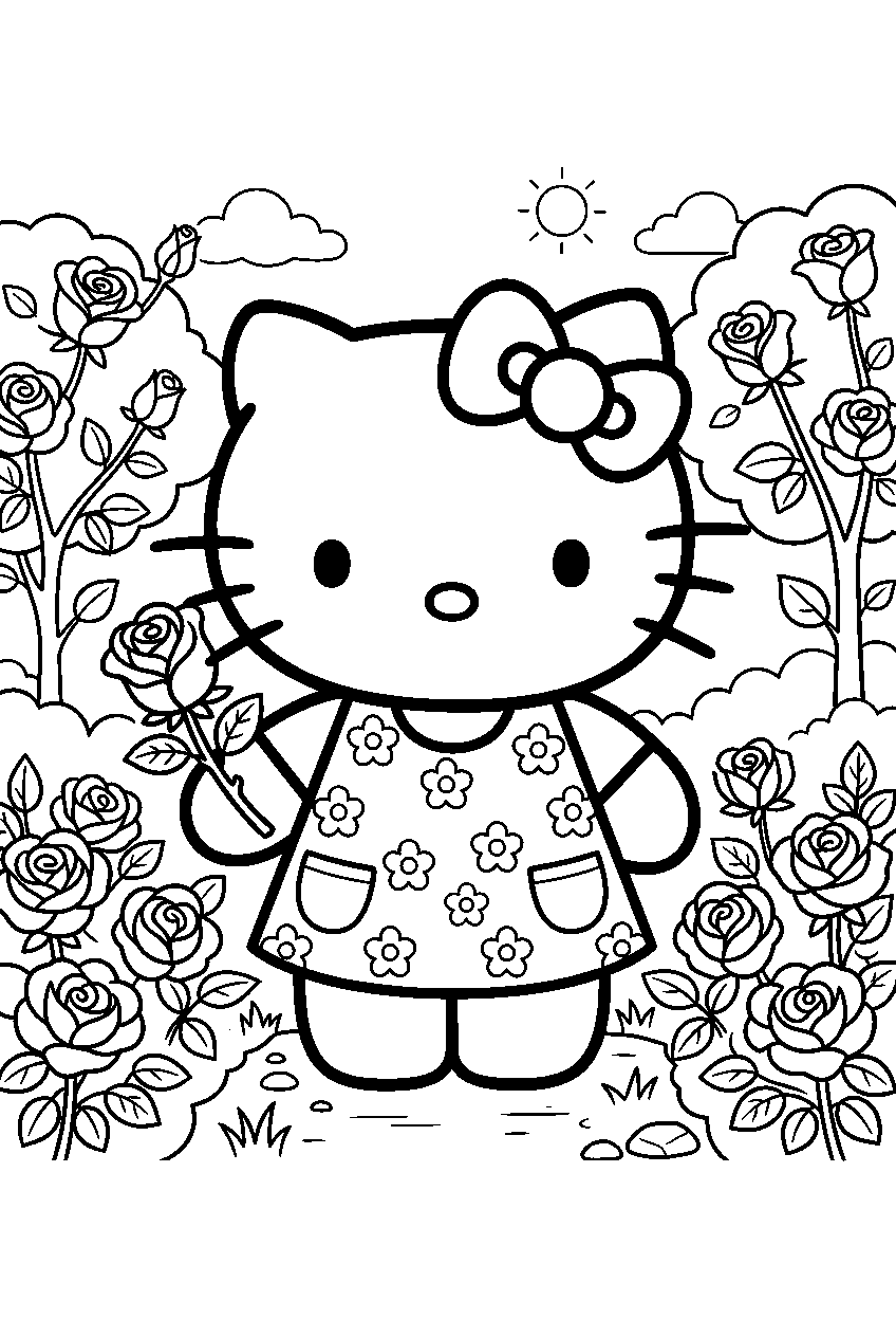 hello kitty in rose garden line art