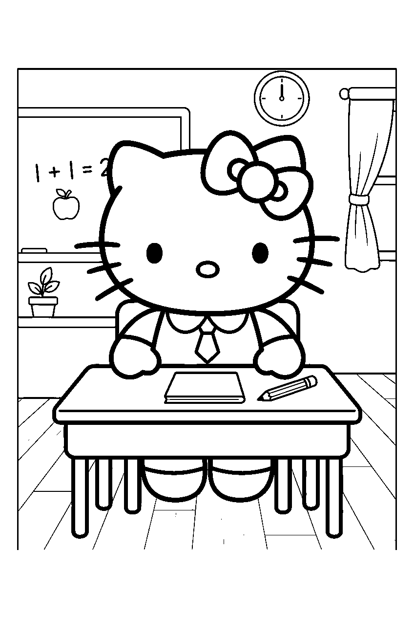 hello kitty in school classroom line art