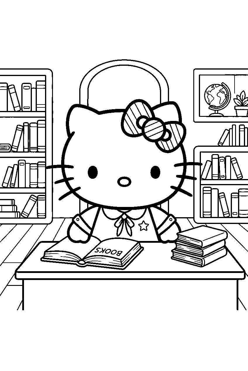 hello kitty in school library line art