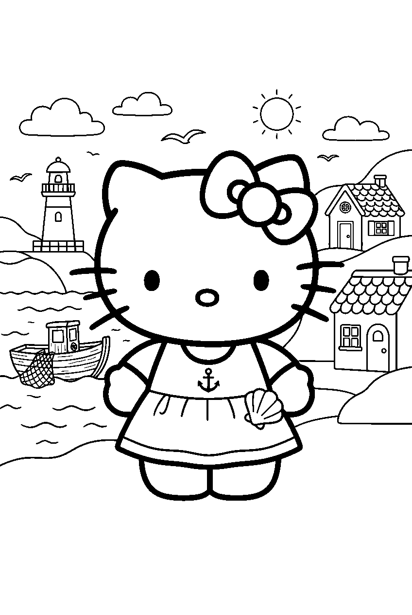 hello kitty in seaside village line art