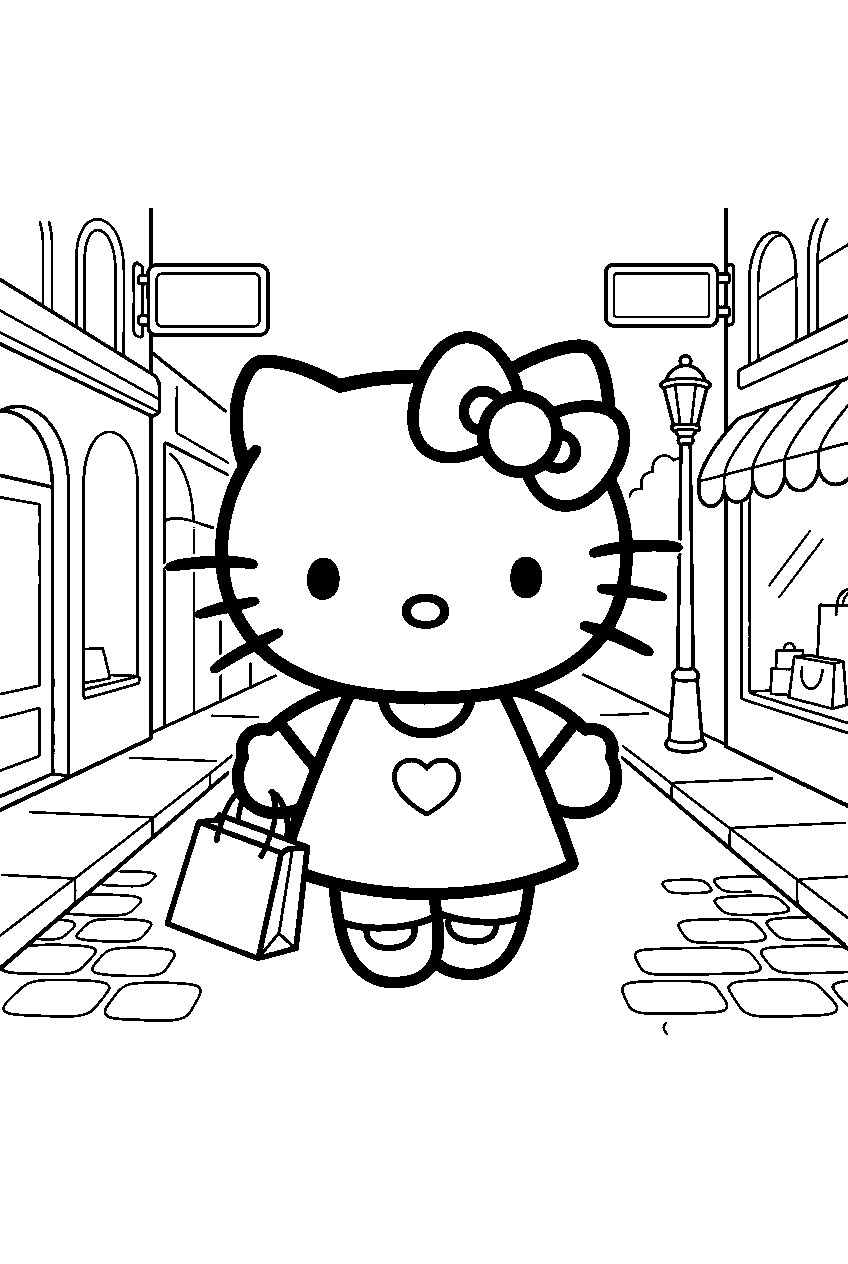 hello kitty in shopping street line art