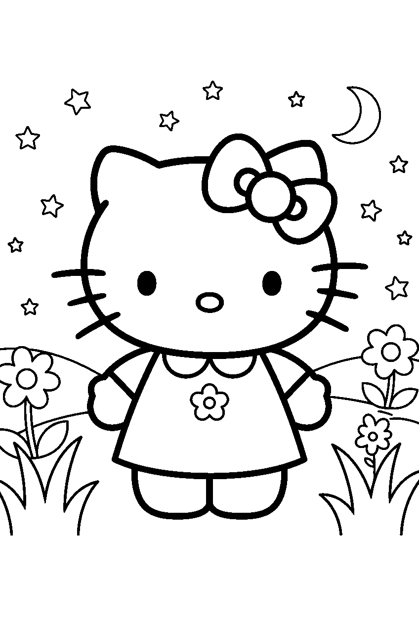 hello kitty in starry meadow line art
