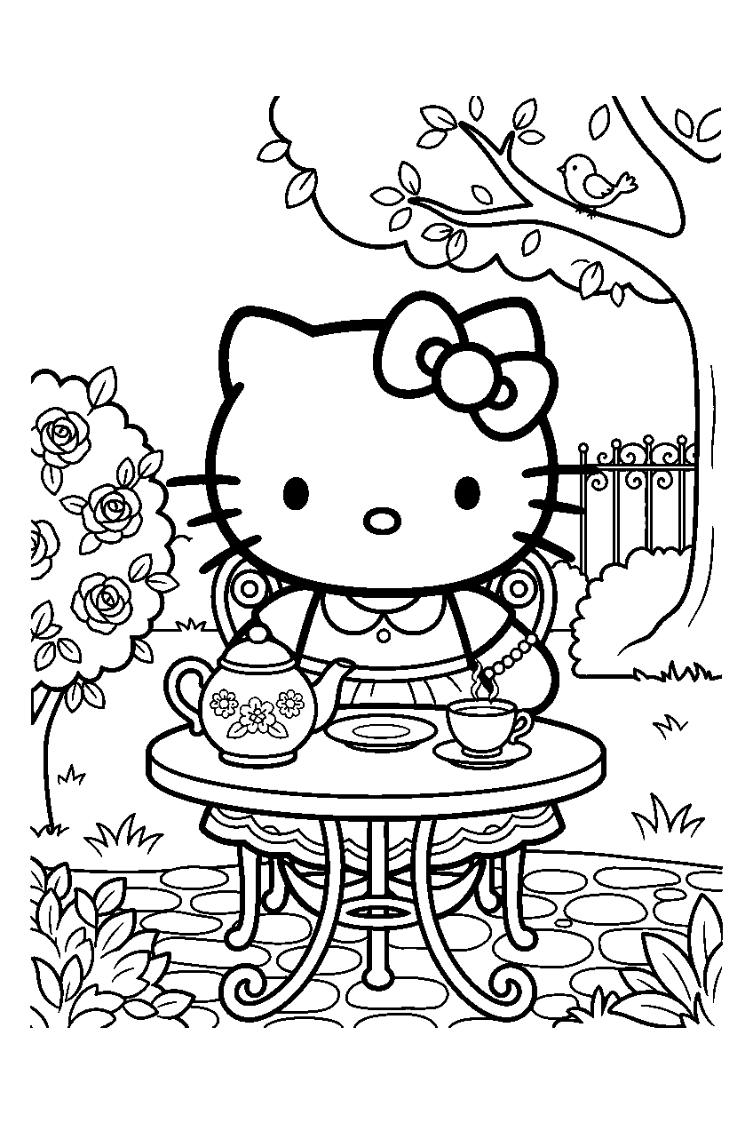 hello kitty in tea party garden line art
