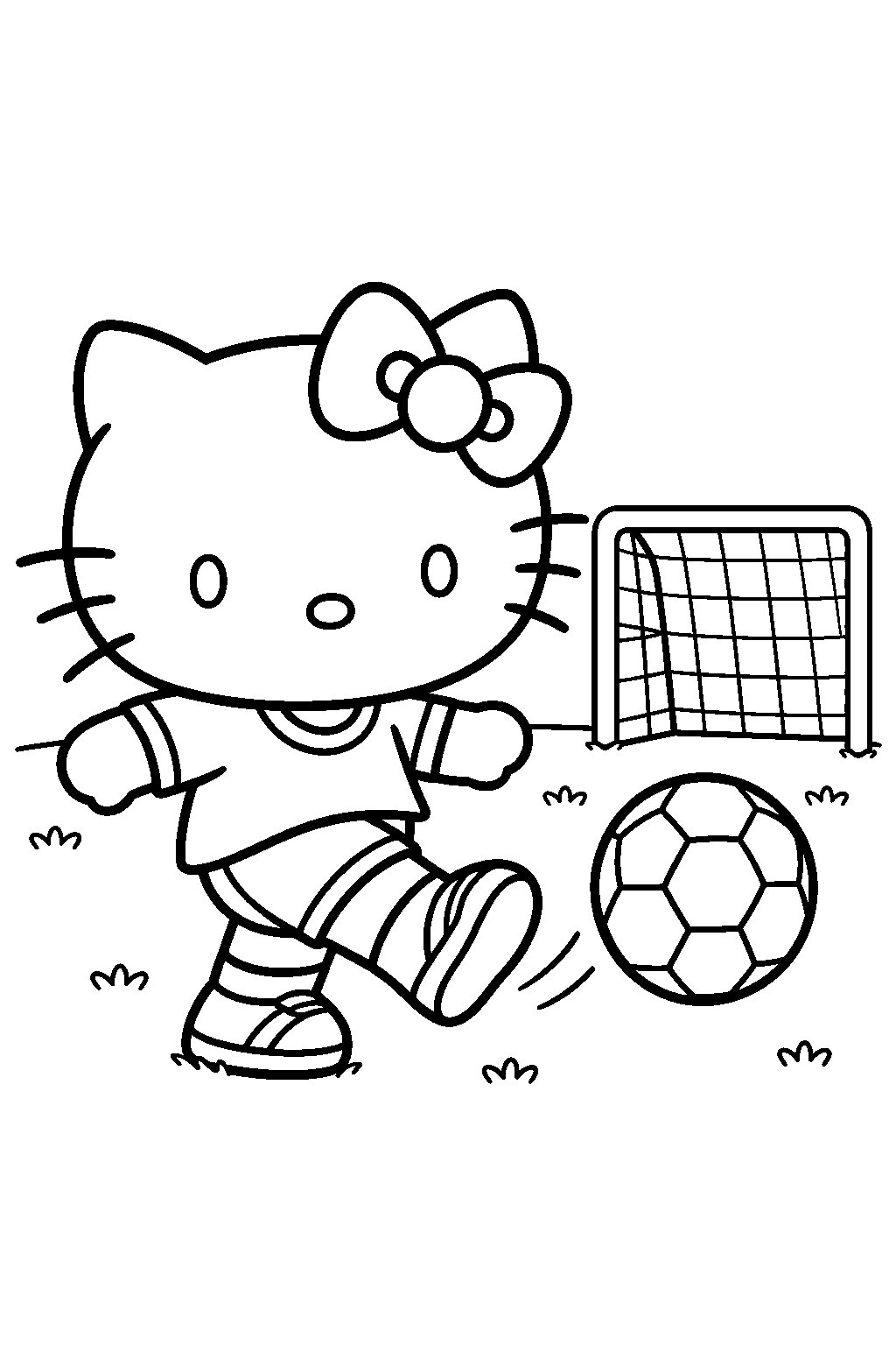 hello kitty kicking a soccer ball toward a goal line art
