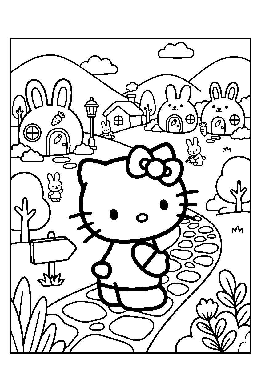 hello kitty looking around in bunny village line art