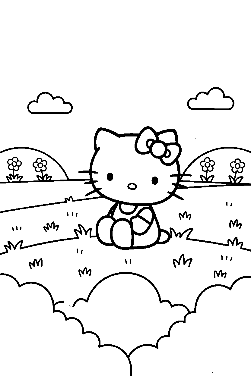 hello kitty looking around in grassy field line art