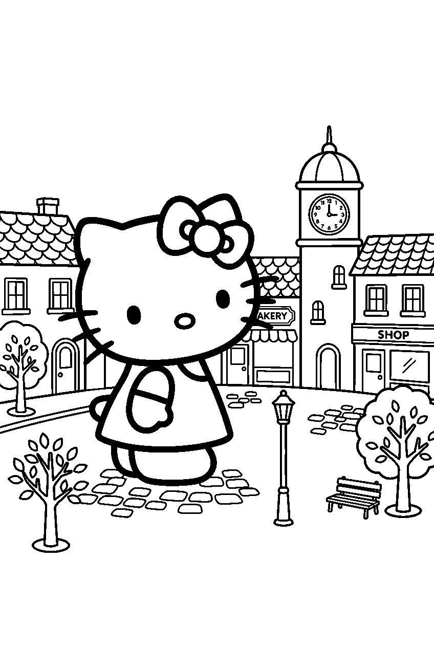 hello kitty looking around in town square line art