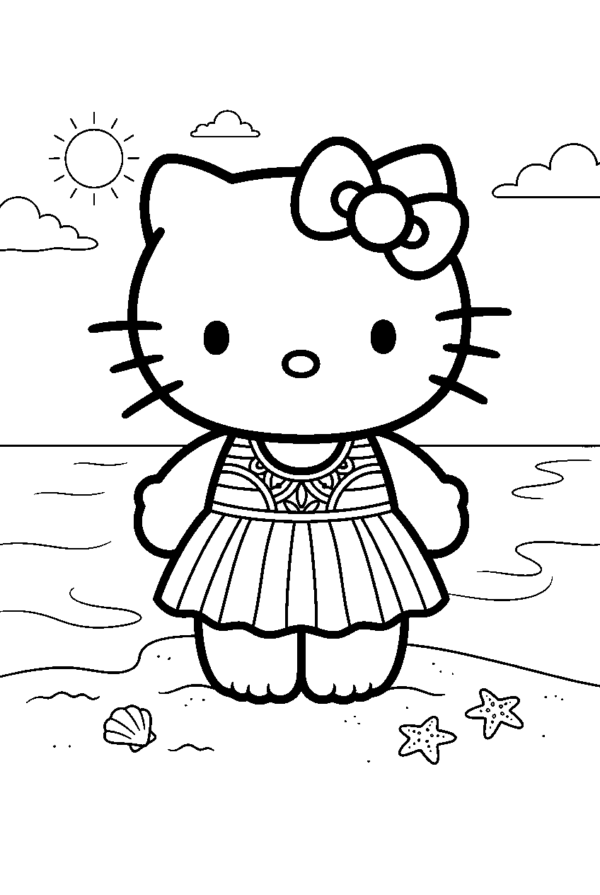 hello kitty on sandy beach line art