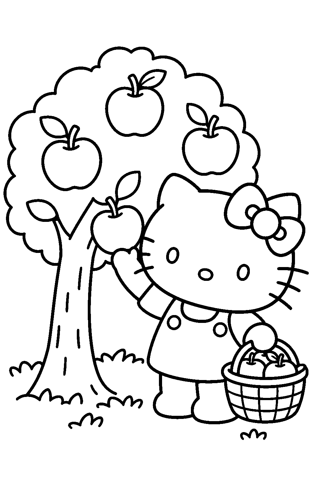 hello kitty picking apples in an orchard line art