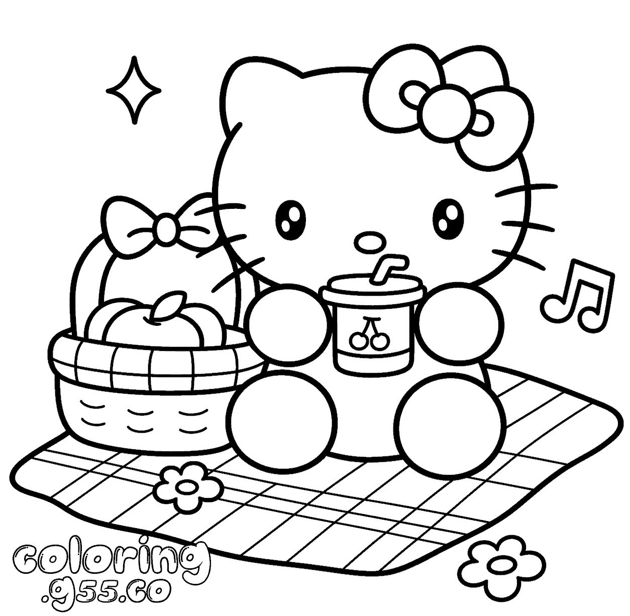 hello kitty picnic basket cherry juice drink line art for kids