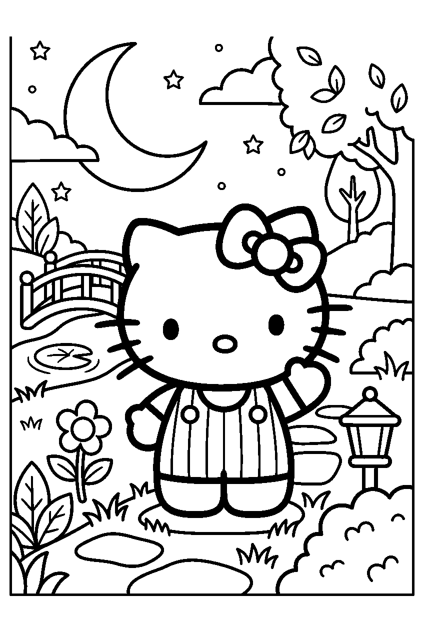 hello kitty posing in moonlit garden line art