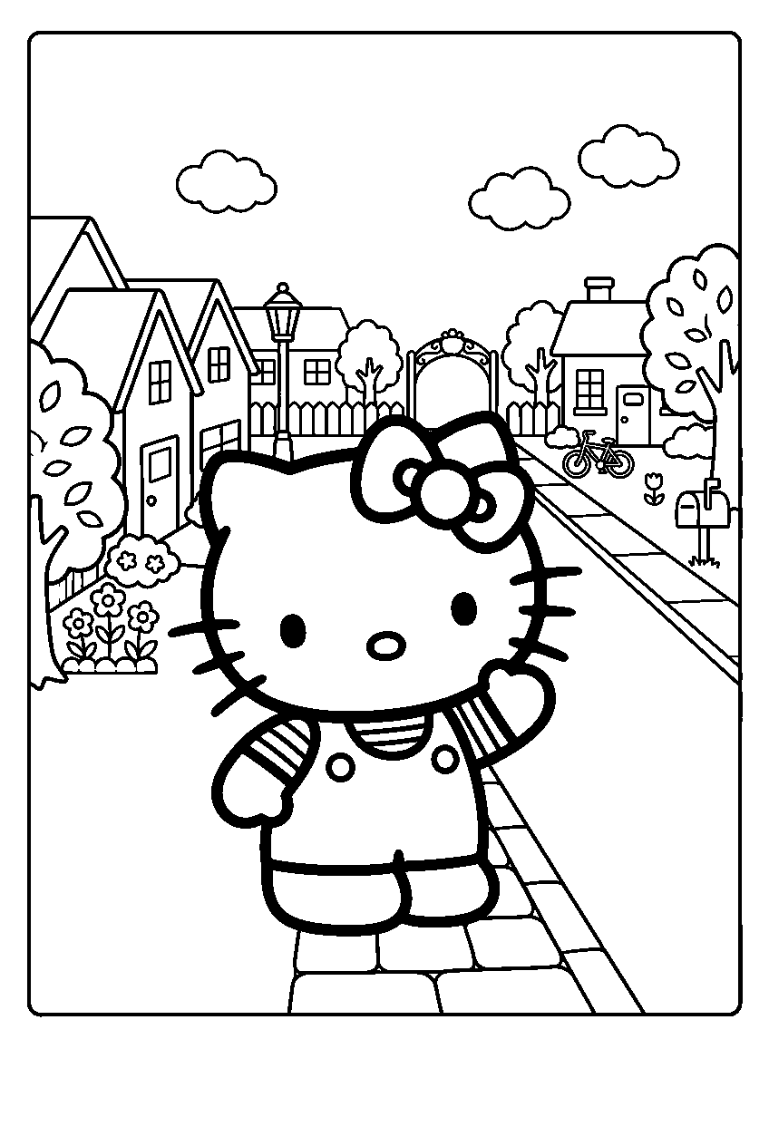 hello kitty posing in neighborhood street line art
