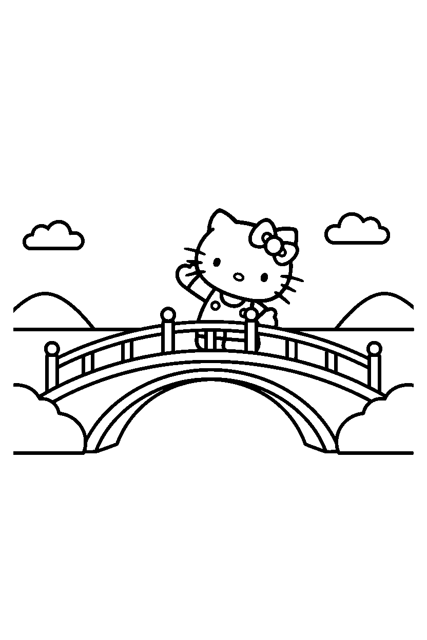 hello kitty reaching on bridge line art