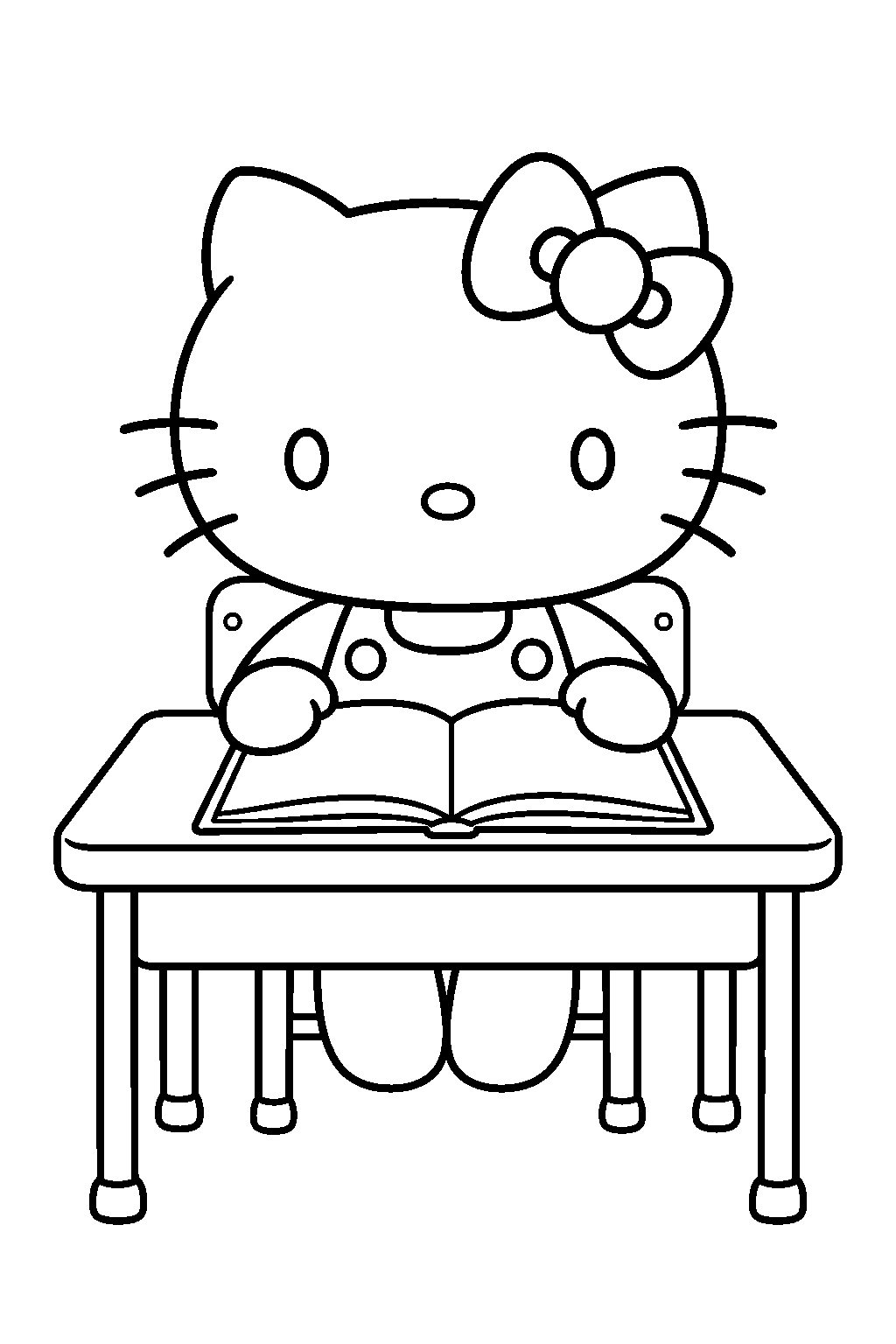 hello kitty reading a book at her classroom desk line art