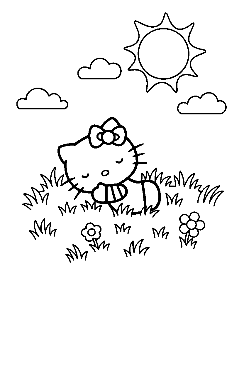 hello kitty resting in grassy field line art