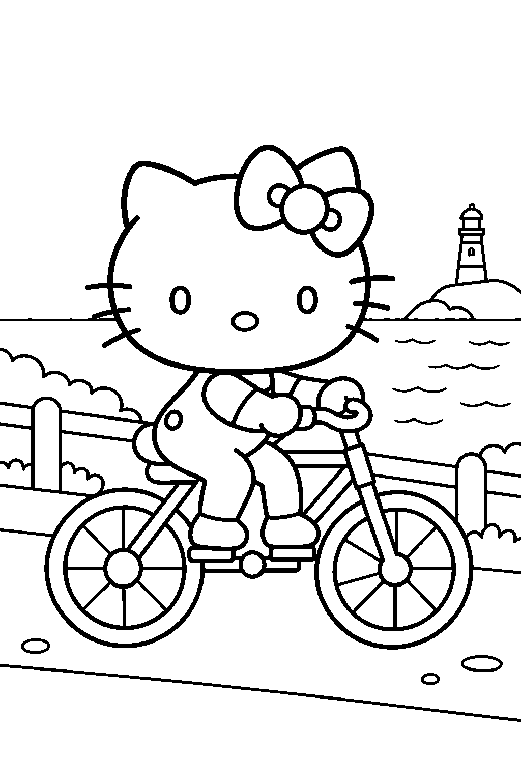 hello kitty riding a bicycle along a seaside path line art