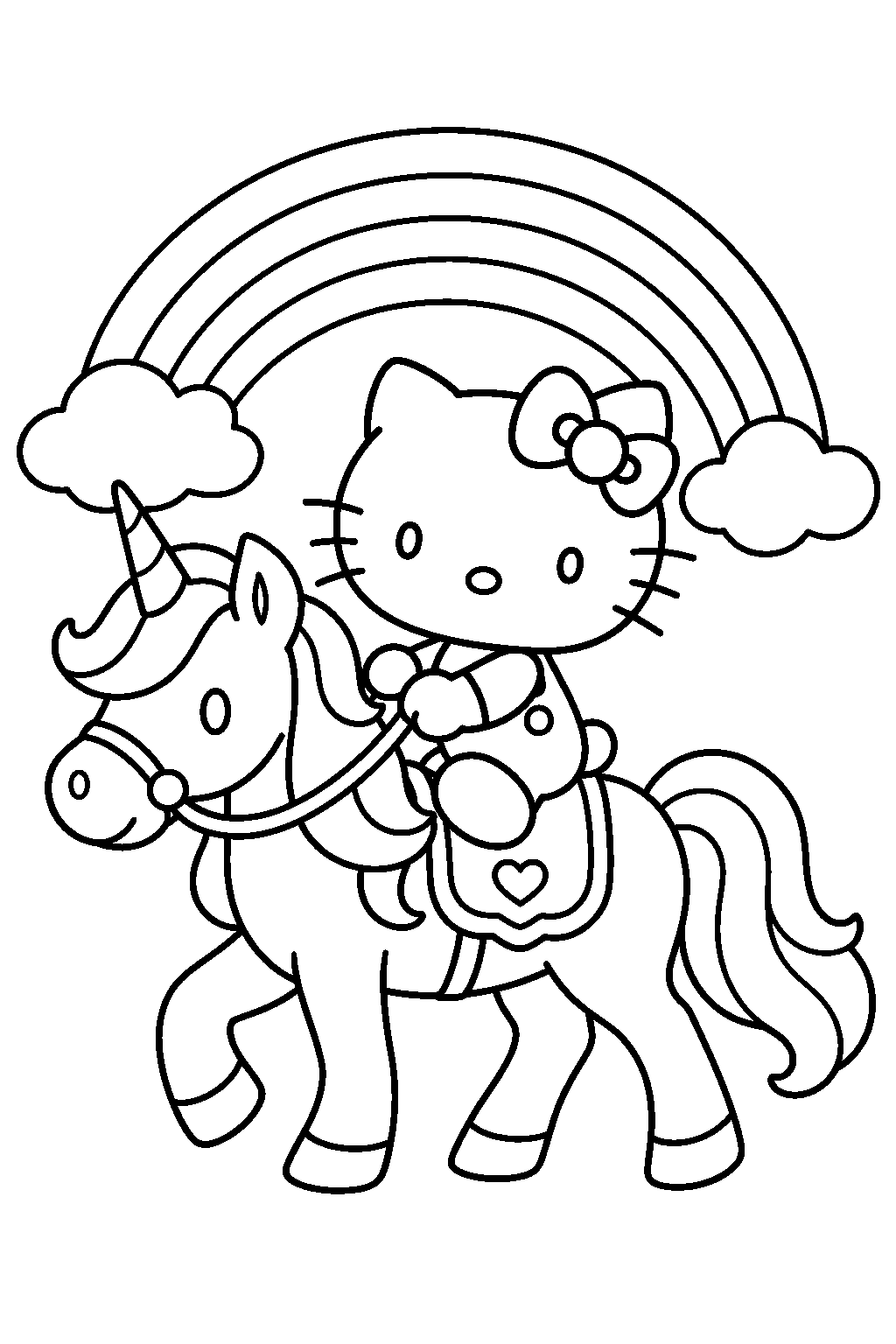 hello kitty riding a unicorn beneath a rainbow line art
