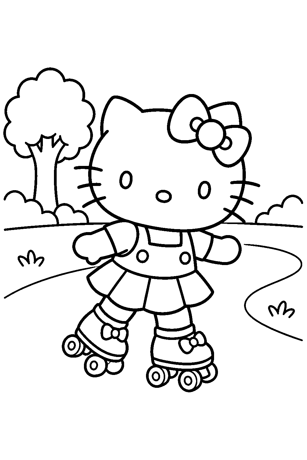 hello kitty roller skating in a park line art