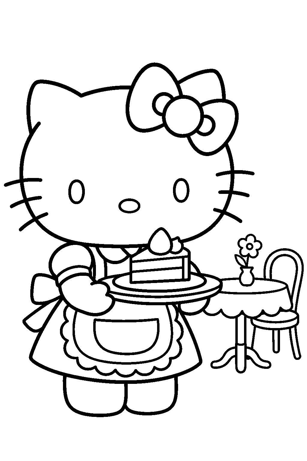 hello kitty serving a slice of cake in a cafe line art