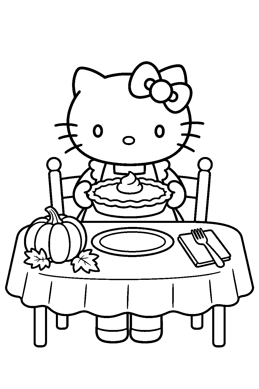 hello kitty serving pumpkin pie at a thanksgiving table line art