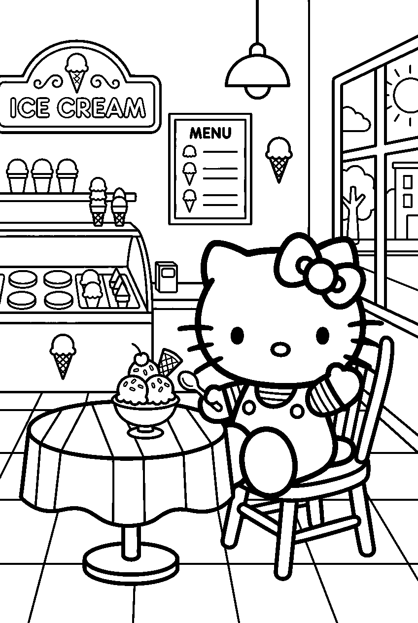 hello kitty sitting in ice cream shop line art