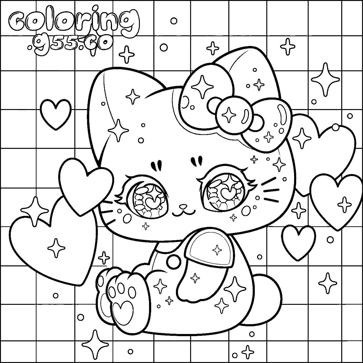 hello kitty sparkly eyes hearts grid background line art for kids