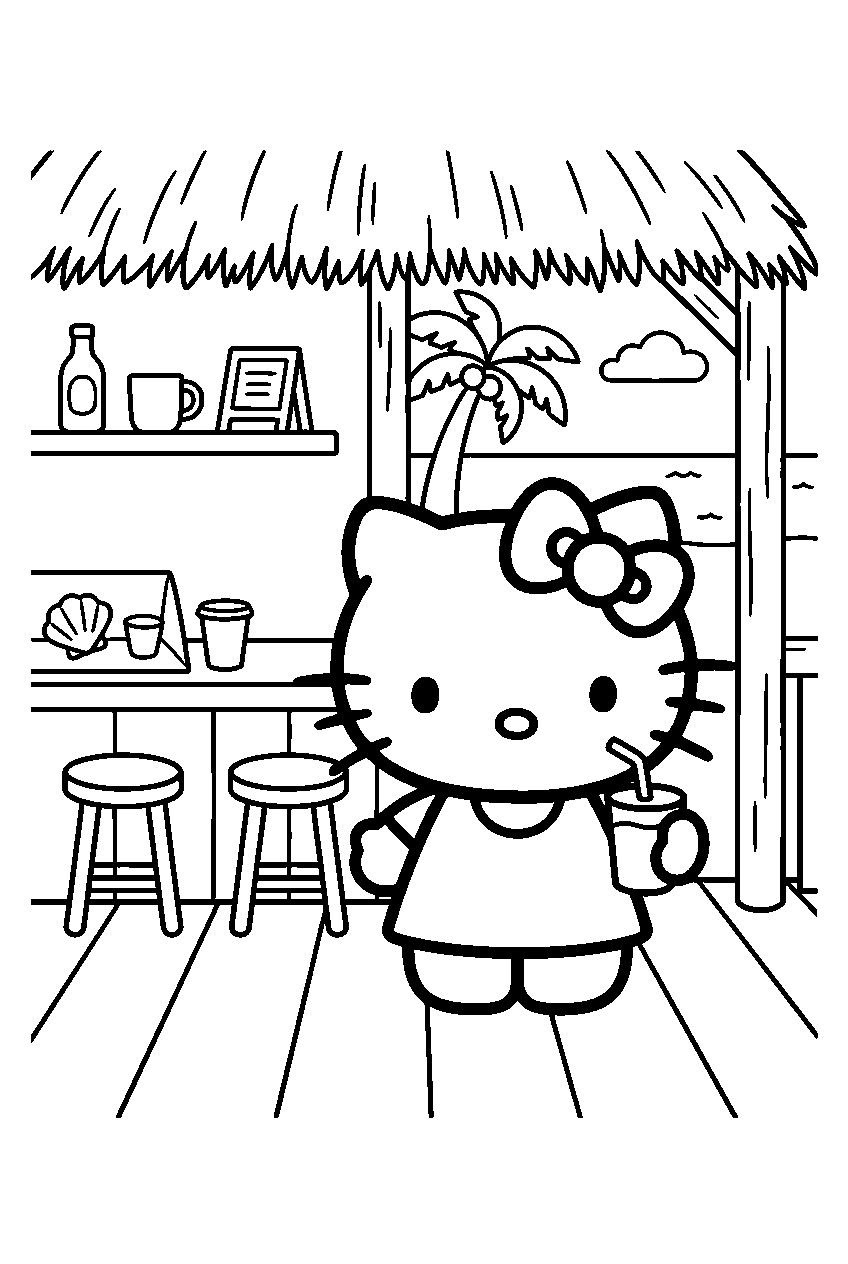 hello kitty standing in beach cafe line art