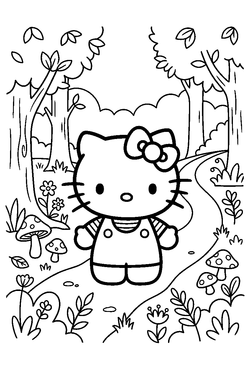 hello kitty standing in magical forest line art