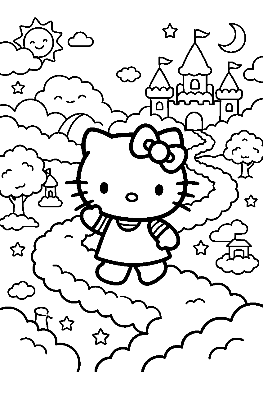 hello kitty walking in cloud kingdom line art
