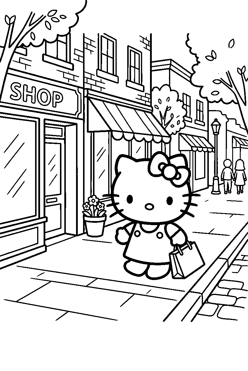 hello kitty walking in shopping street line art