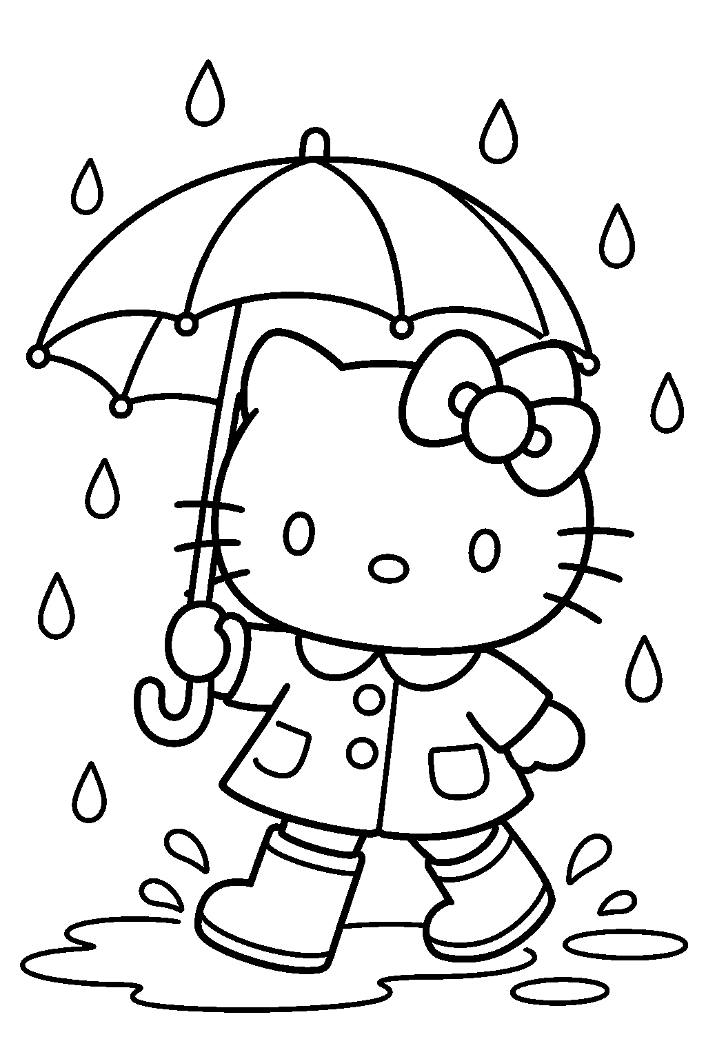hello kitty walking in the rain with an umbrella and rain boots line art