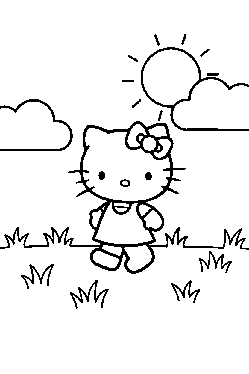 hello kitty walking slowly in grassy field line art
