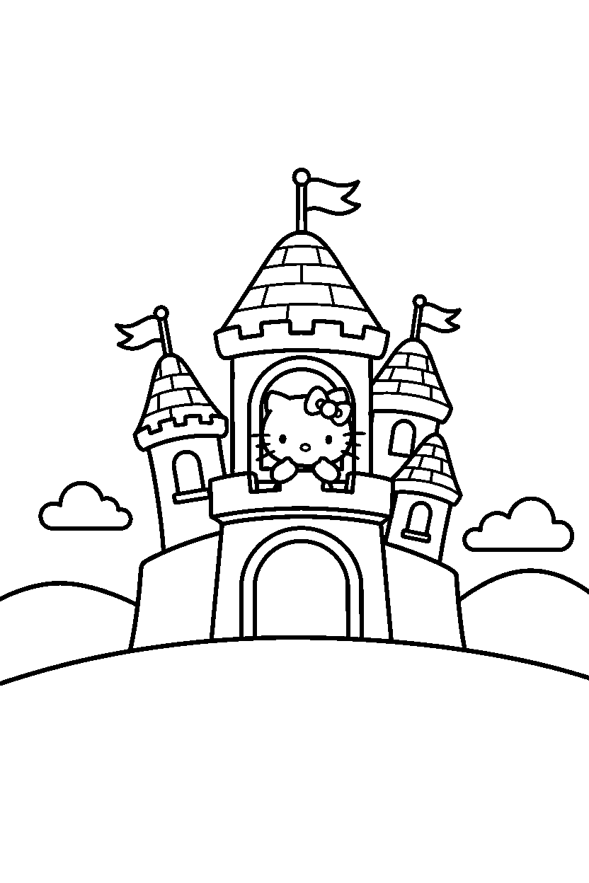 hello kitty watching in castle line art