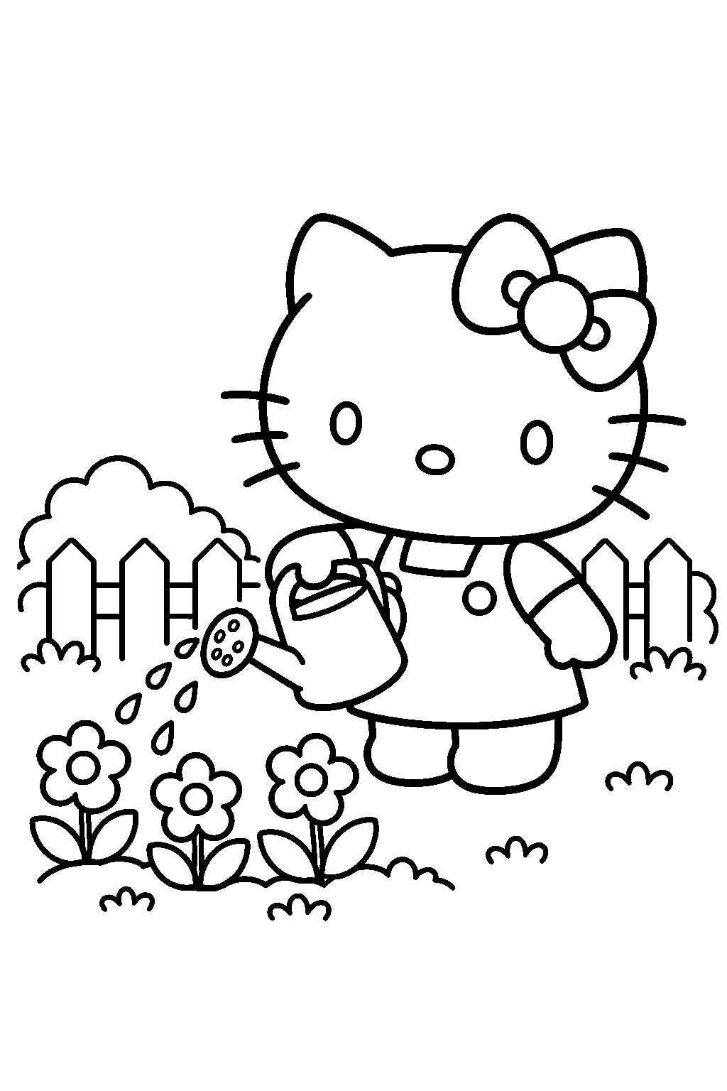 hello kitty watering flowers in a garden line art