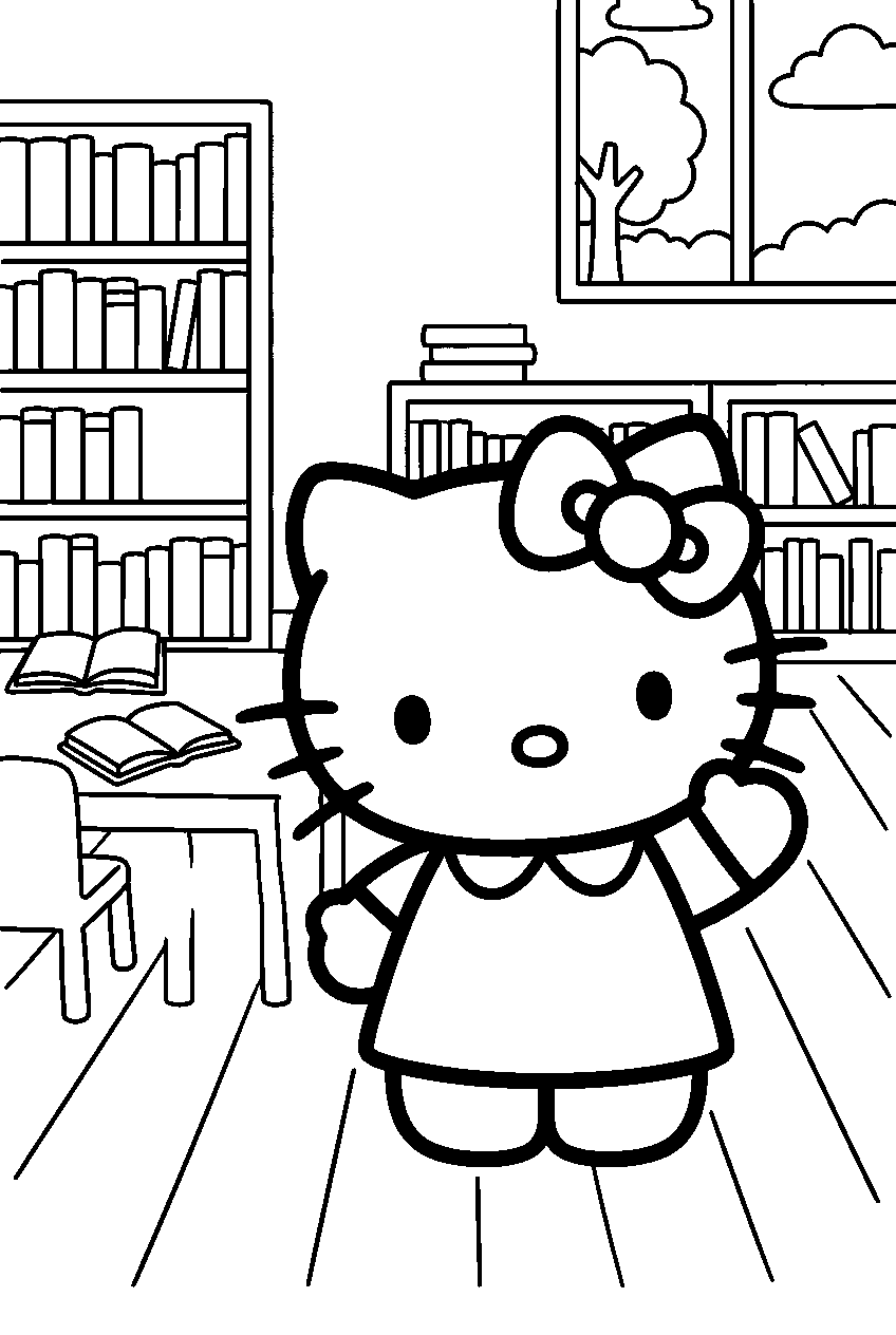 hello kitty waving in school library line art