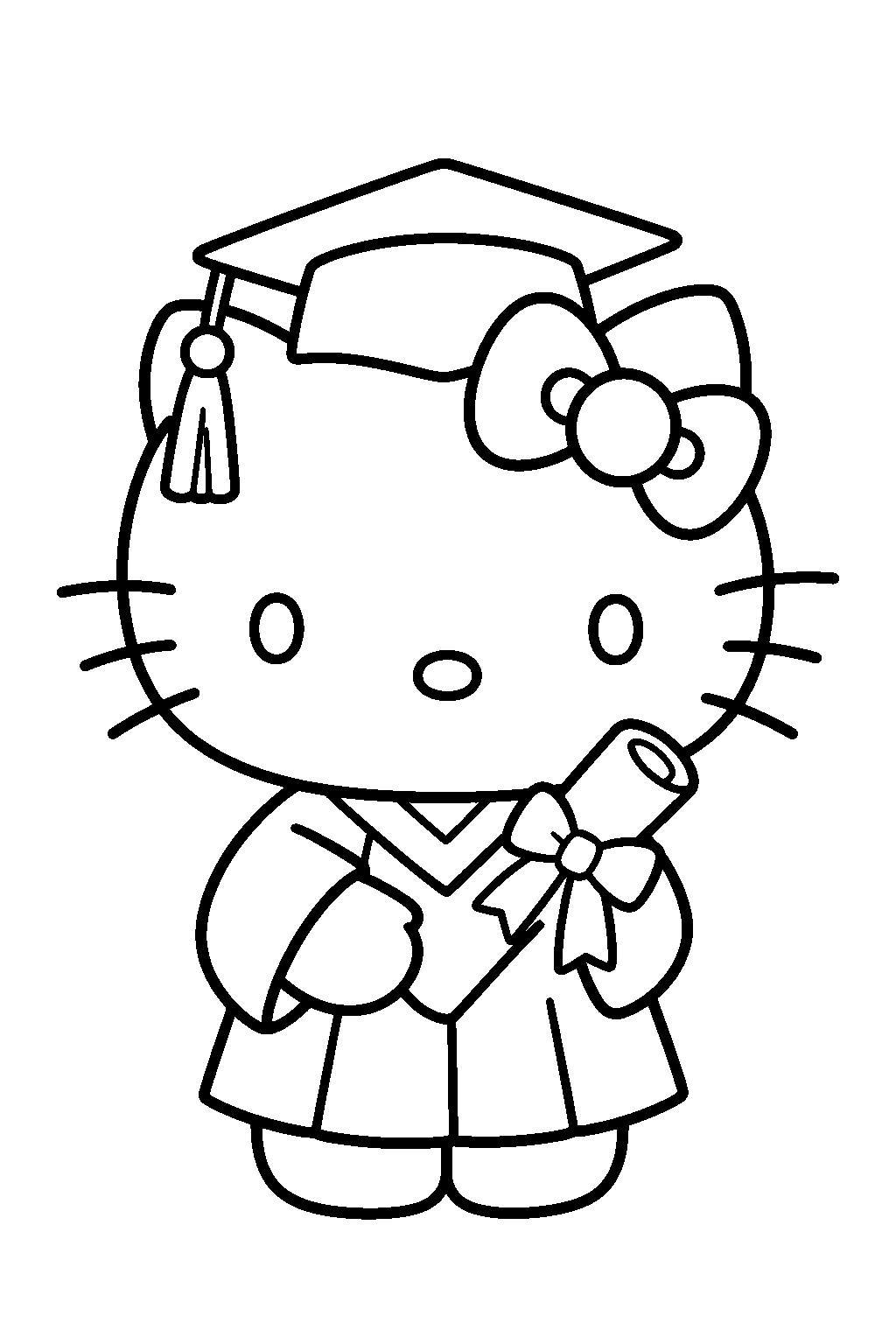 hello kitty wearing a graduation cap and holding a diploma line art