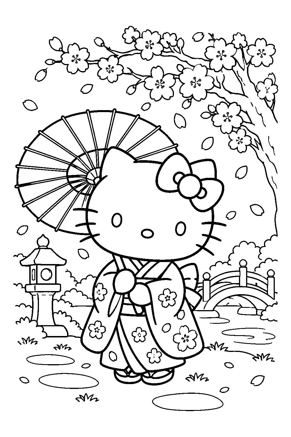 hello kitty wearing a kimono beneath cherry blossoms line art