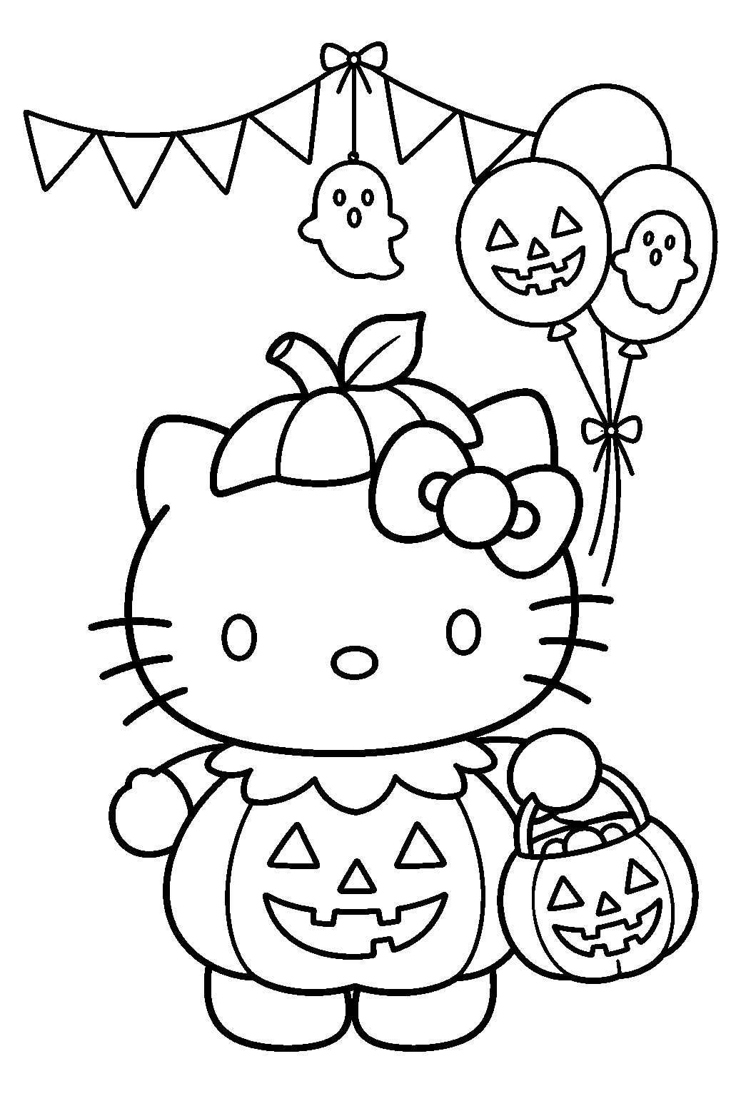 hello kitty wearing a pumpkin costume at a halloween party line art