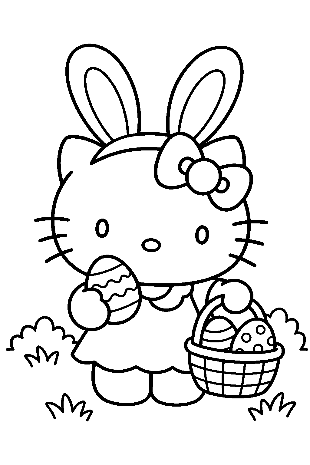 hello kitty wearing bunny ears and collecting easter eggs line art