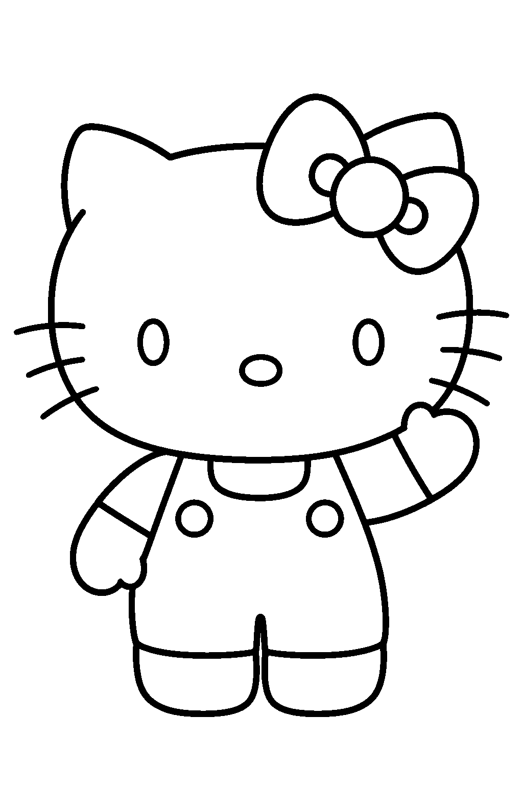 hello kitty wearing her classic overalls and waving hello line art