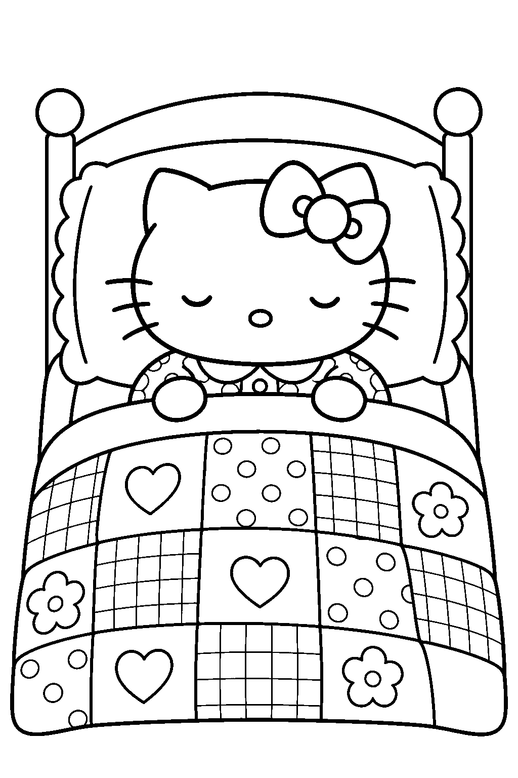 hello kitty wearing pajamas and sleeping beneath a patchwork quilt line art