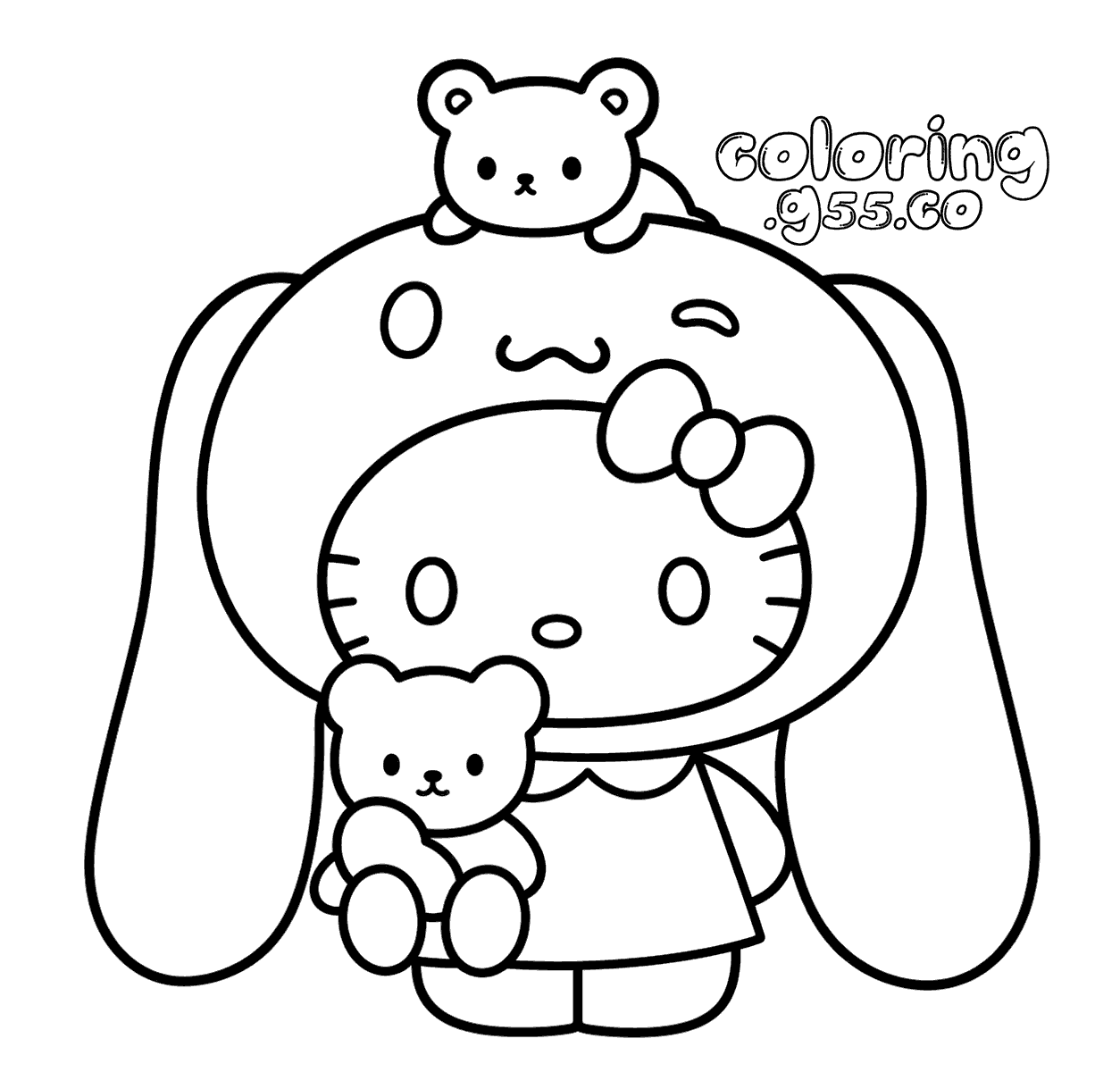 hello kitty with cinnamoroll hat and teddy bears line art for kids