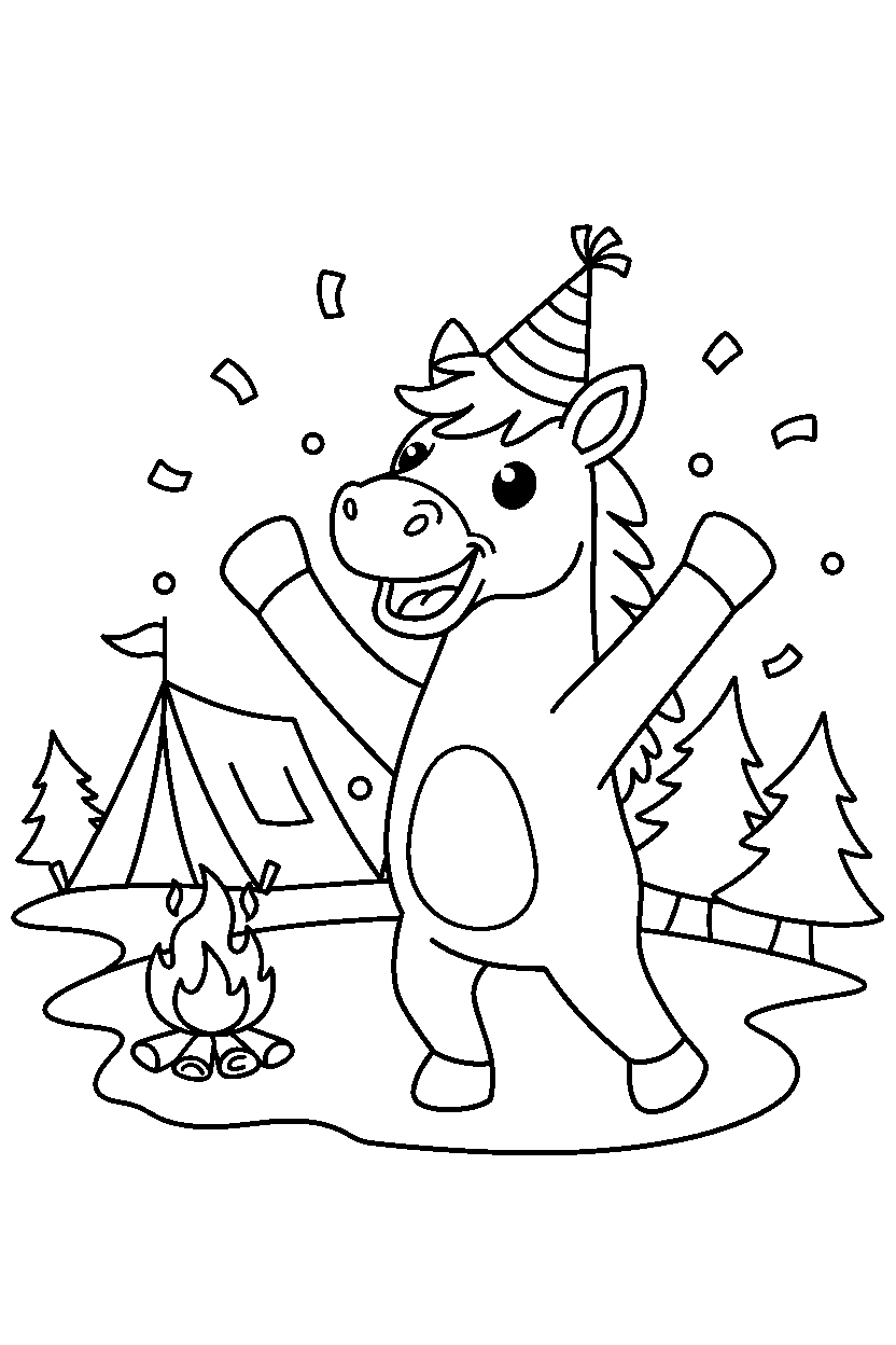 horse celebrating happily at a campground line art