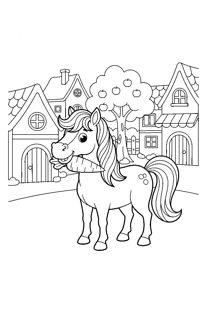 horse eating a snack in a cartoon village line art