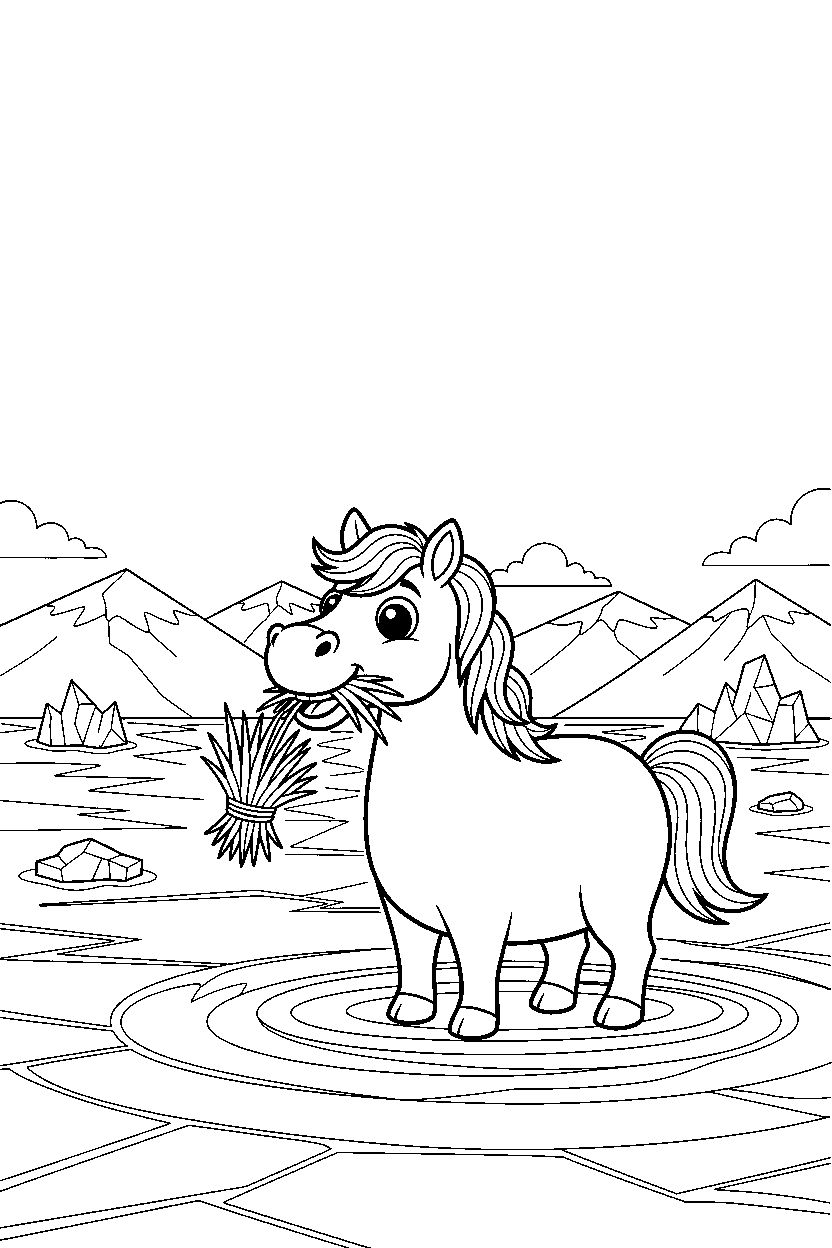 horse eating happily on an ice lake line art