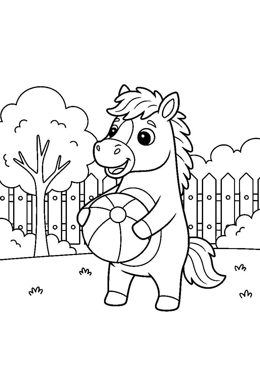 horse holding a ball in a backyard line art